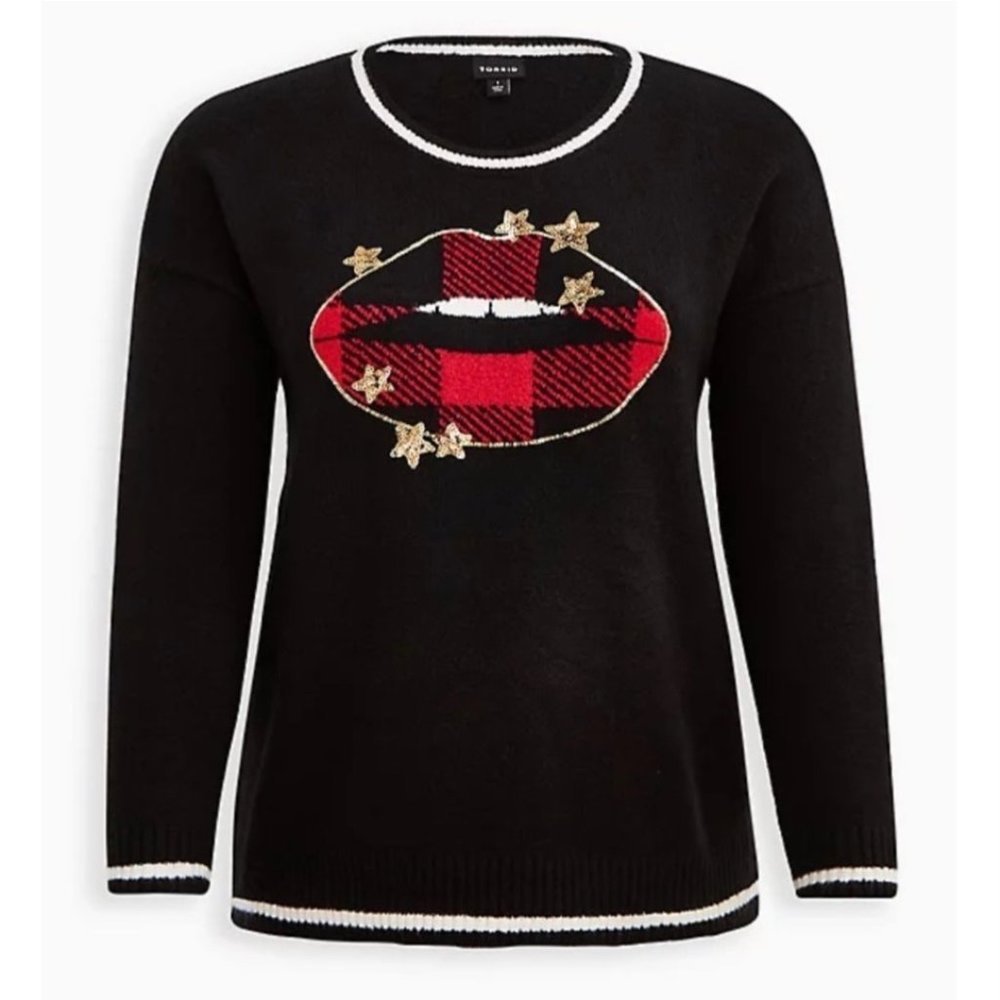 NWT 1X Torrid Black Sweater with Red Plaid Lip Applique